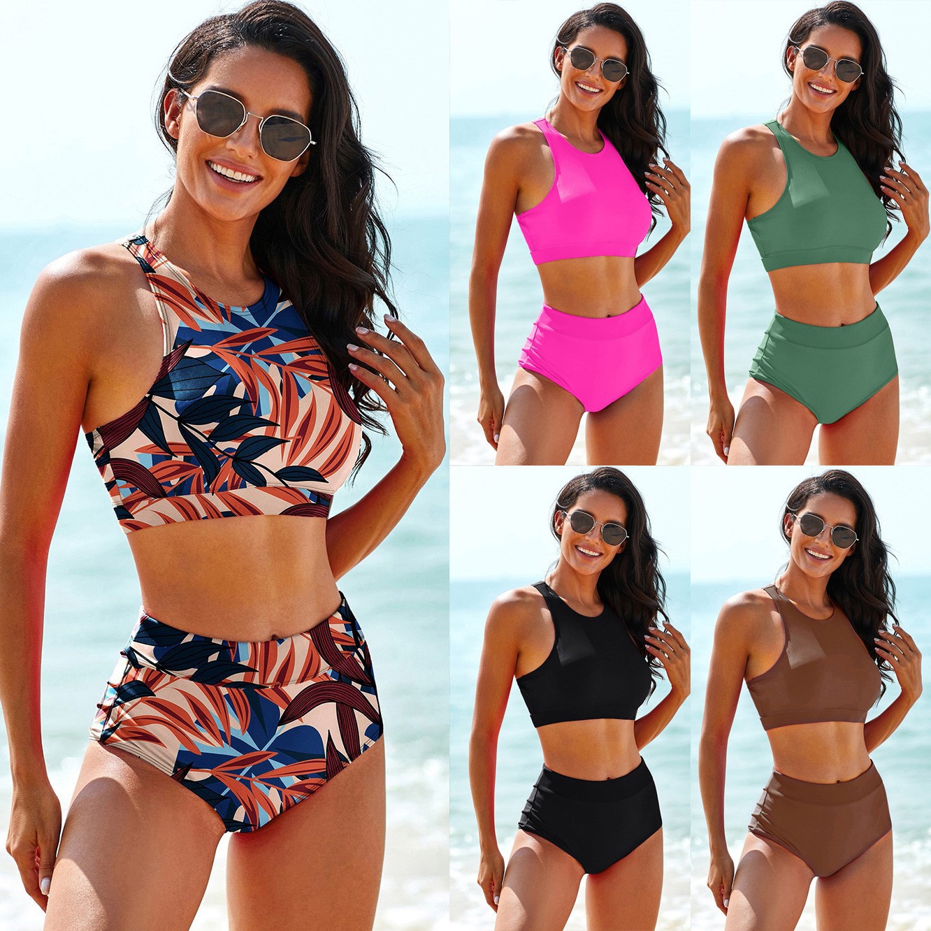 Tops - Kadın Mayoları Düz ​​Renk Tankini Tropikal