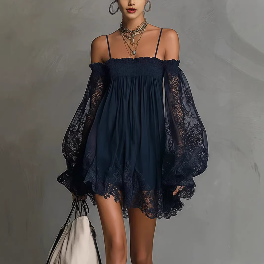 Off Shoulder Puff Sleeve Sundress - Omuzları Açık Dantel Mini Elbise Spagetti