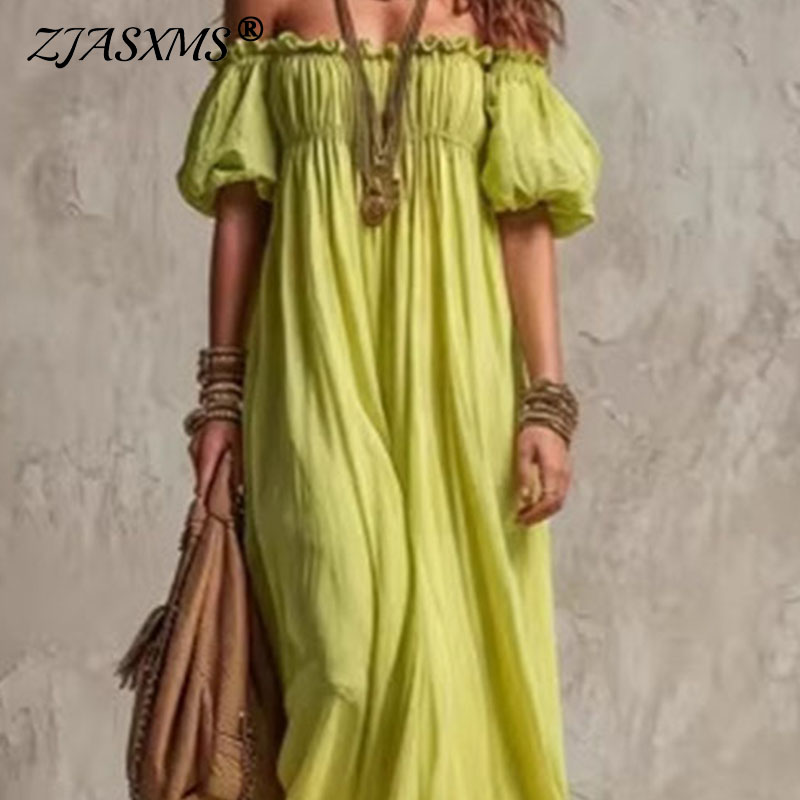 Off Shoulder Puff Sleeve Sundress - Kadınlar İçin Elastik Belli Günlük Tatil