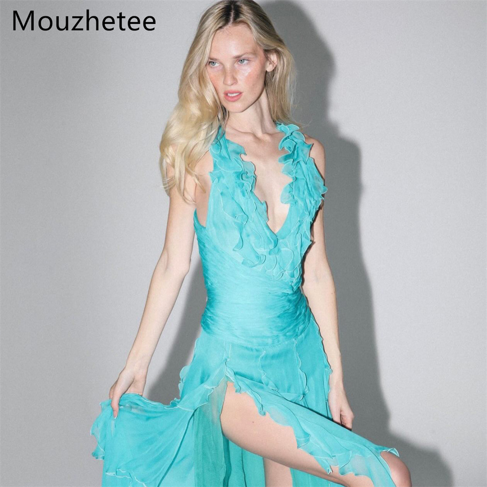 Elegant Satin Evening Gown Split - Mouzhetee Basit A-Line V Yaka Yan