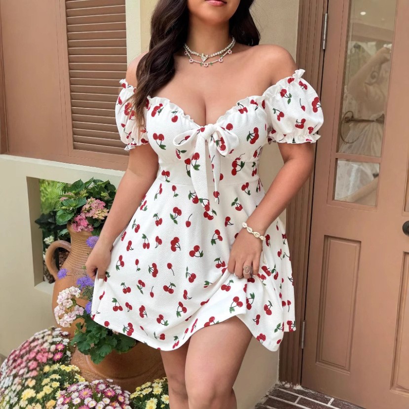 Off Shoulder Puff Sleeve Sundress - Yaz Kadın Elbisesi Çiçek Baskılı Düşük