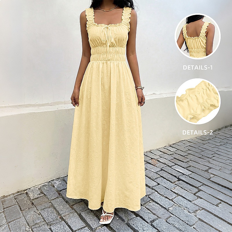 Boho Summer Beach Maxi Dress - Yazlık Kolsuz Kare Yaka Elbise Fransız