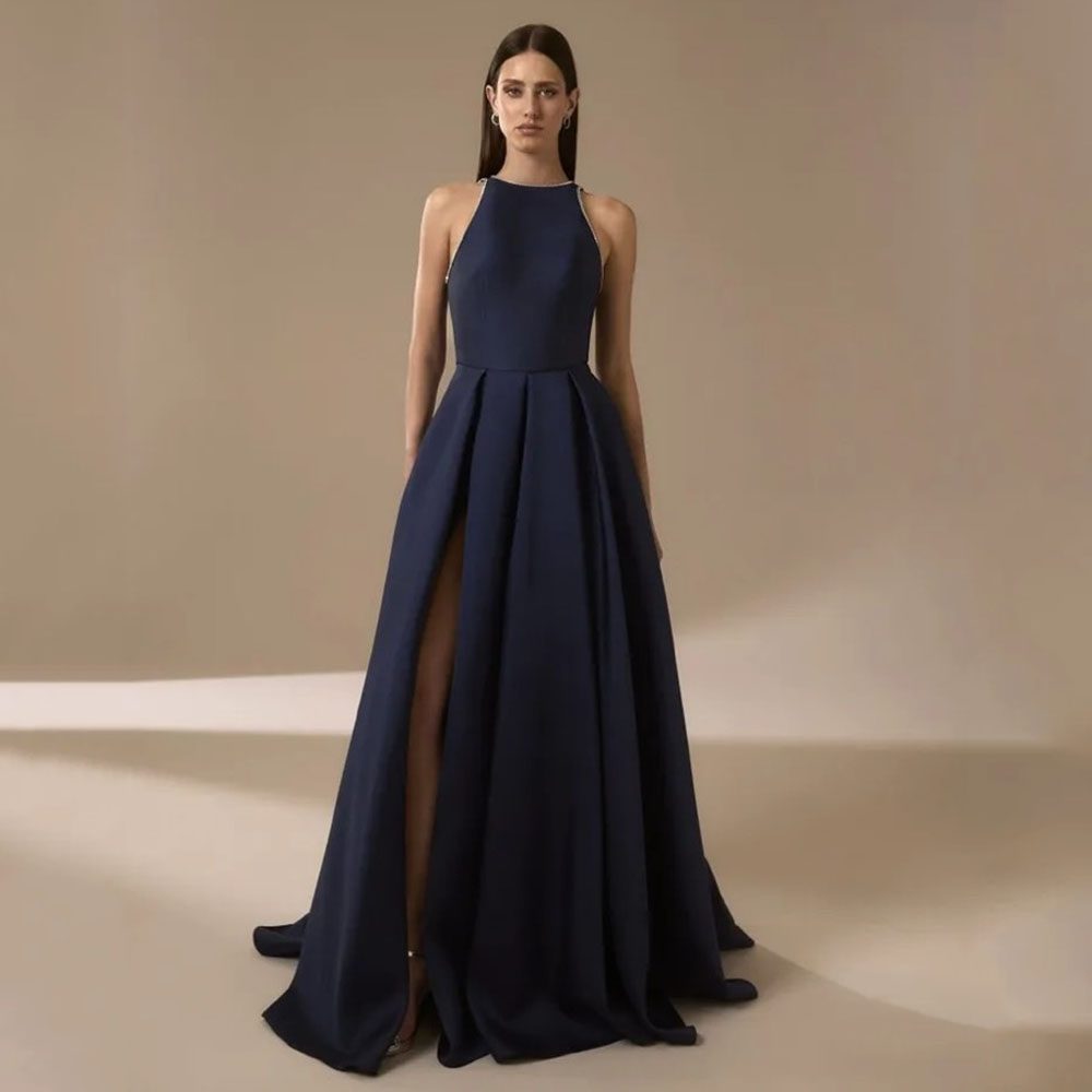 Elegant Satin Evening Gown Split - Kadınlar için Lacivert Saten Abiye 2025,