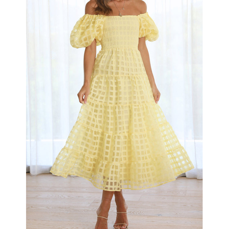 Off Shoulder Puff Sleeve Sundress - Zarif Kapalı Omuz kadın Yaz Uzun