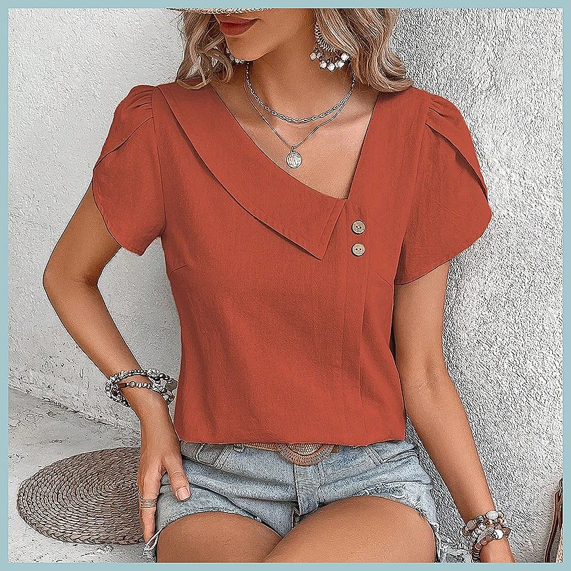 Blouses - 2024 Yaz Vintage Düz Renk Kadın