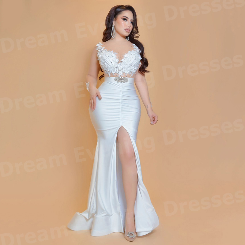 Zarif Beyaz Denizkızı Kadın Ab - Elegant Satin Evening Gown Split incelemesi ve fiyatı