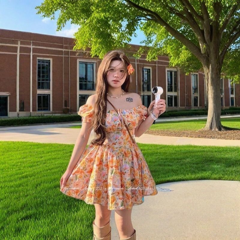 Bayan Turuncu Çiçek Desenli Dü - Off Shoulder Puff Sleeve Sundress incelemesi ve fiyatı