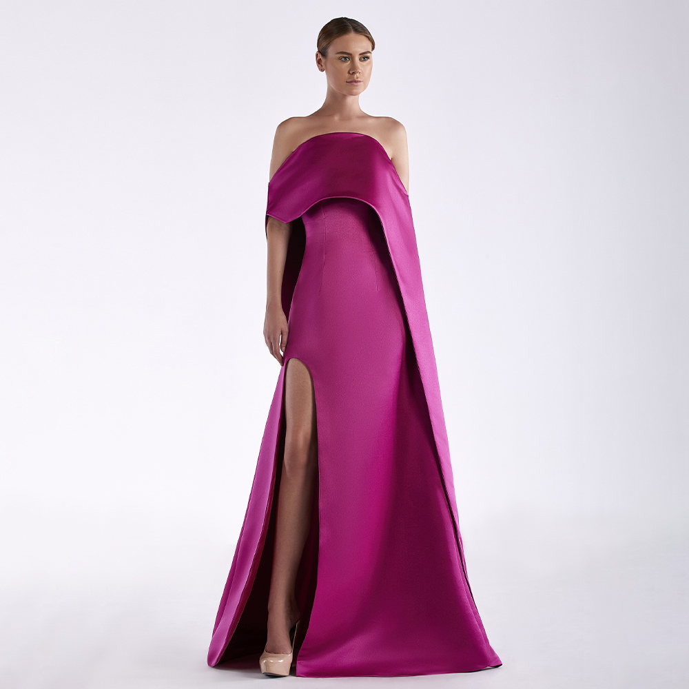 Fuşya saten abiye askısız yan  - Elegant Satin Evening Gown Split incelemesi ve fiyatı