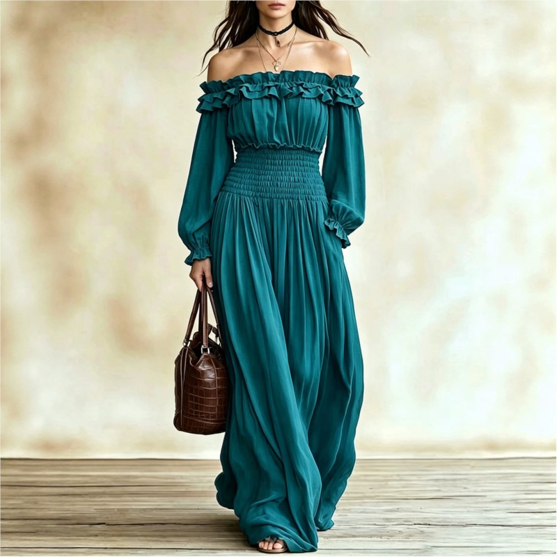Omuzları Açık Moda Uzun Elbise - Off Shoulder Puff Sleeve Sundress incelemesi ve fiyatı