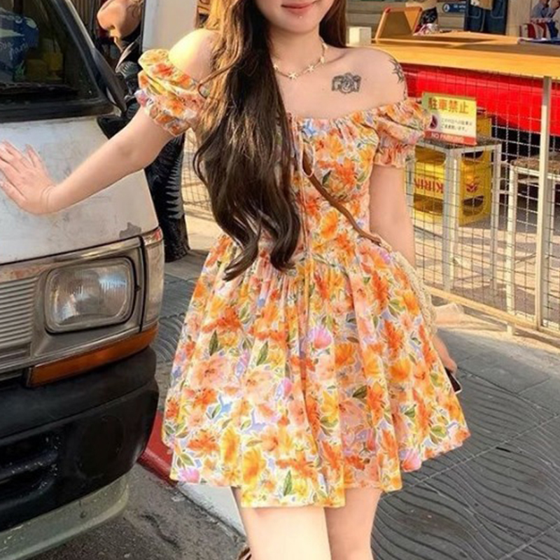 Sıcak Fırsat Turuncu Çiçek Des - Off Shoulder Puff Sleeve Sundress incelemesi ve fiyatı